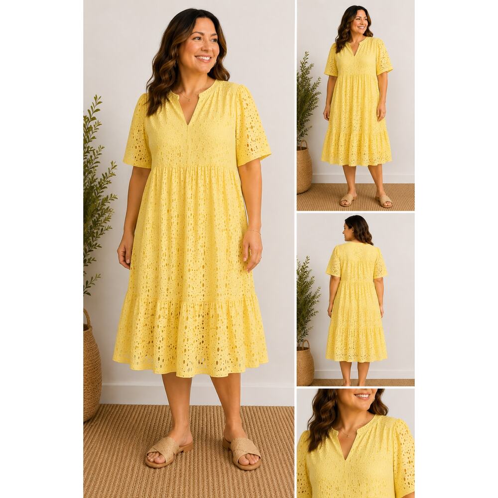 Women's Eyelet Dress Sz XXL Yellow Cotton Midi Cottagecore Puff Sleeve Coastal